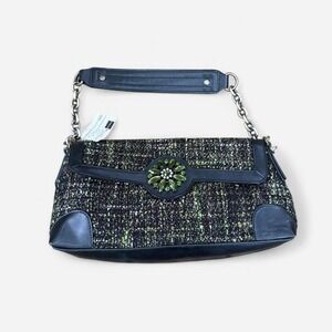 2000s NWT Worthington Black Tweed Chain Shoulder Bag Jeweled Floral Clasp Y2K
